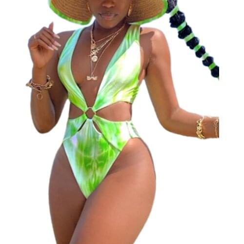 2021 Womens 1-piece Gradients Color Swimsuit Split Style Deep V-Neck Ring Buckle Connect Backless Triangle Swimwear