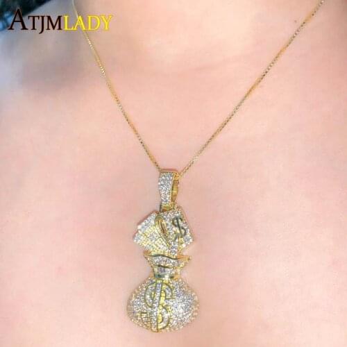 US Dollar Money Bag Pendant Iced Out Bling 5A Cubic Zircon Hip Hop Sparking CZ 18k Gold Plated Box Chain Women Necklace Jewelry