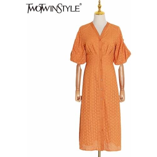 TWOTWINSTYLE Summer Vintage Solid Women Dress V Neck Puff Sleeve High Waist Button Hollow Out Midi Dresses Female Fashion 2020