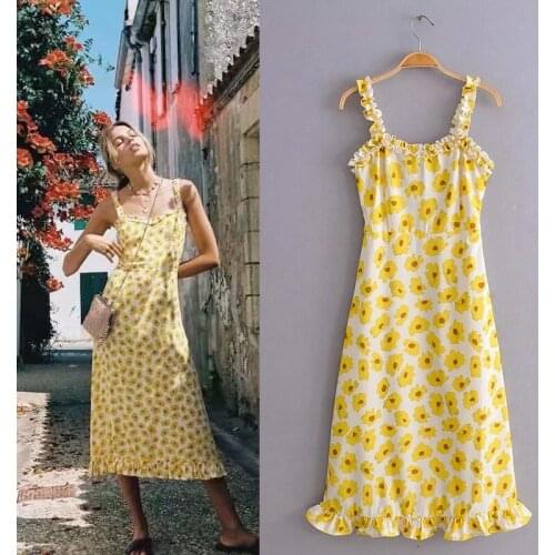 Summer Prairie Chic Spaghetti Straps Dress Women Vintage Yellow Sleeveless Floral Print Beach Dresses Harajuku Holiday Dress