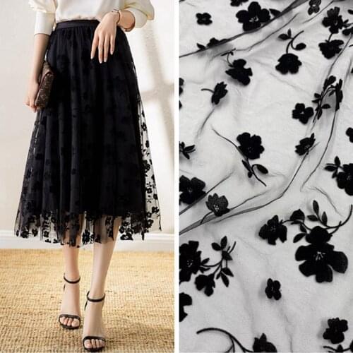 150cm Wide Rose Flower Flocked Net Gauze Fabric Soft Childrens Tulle Skirt High Quality Bridal Dress Wedding Decor Mesh Fabric