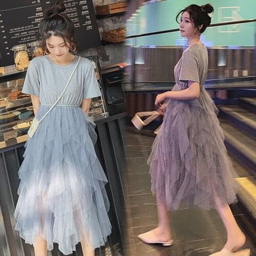 1931# Maternity Clothes Summer Gauze Dress Short Sleeve Loose Stylish Dress for Pregnant Women Mom Dress