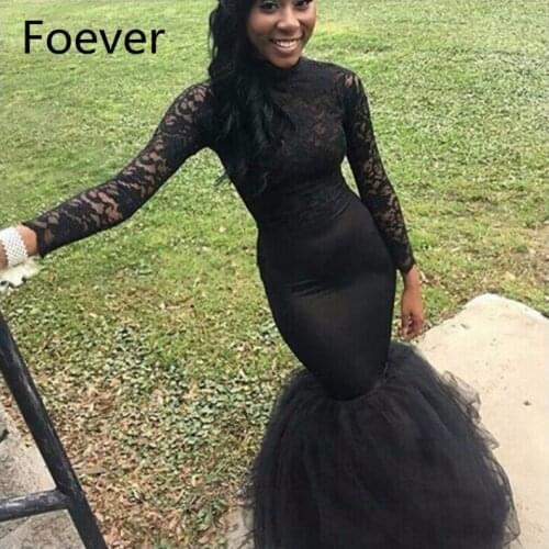 2019 Sexy black High Collar Long Sleeves Prom Dresses Mermaid Shiny Evening Gown Formal Party Dress
