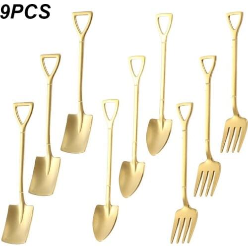 9 Pieces Shovel Spoon Fork Shovel Coffee Spoon Shovel Handle Dessert Spoon Ice Cream Spoon Shovel Shape Fork Fruit Fork