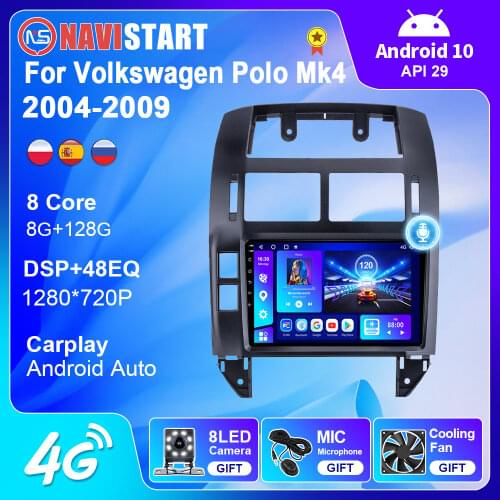 6+128G Android 10 Car Radio Stereo For Volkswagen Polo Mk4 2004-2009 GPS Navigation Android Auto 4G WIFI Carplay Player 2Din DVD