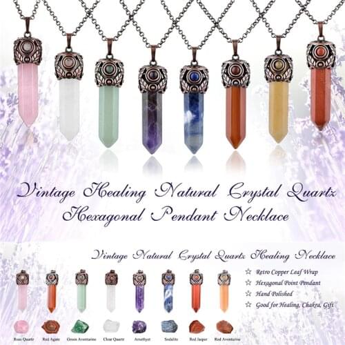 Ayliss Stone Pendant Vintage Antique Brass Hexagonal Prism Natural Crystal Quartz Stone Healing Pointed Chakra Pendant Necklace