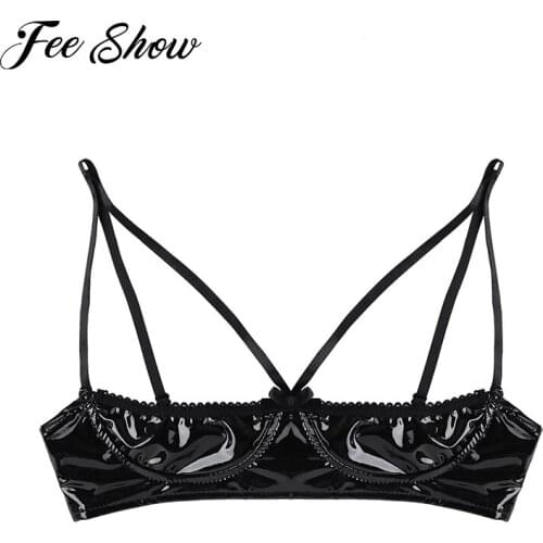 Sexy Womens Lingerie Soft Sheer Wetlook Faux Leather Bra Top Adjustable Spaghetti Straps Half Bra Open Cup Wire-free Unlined Bra