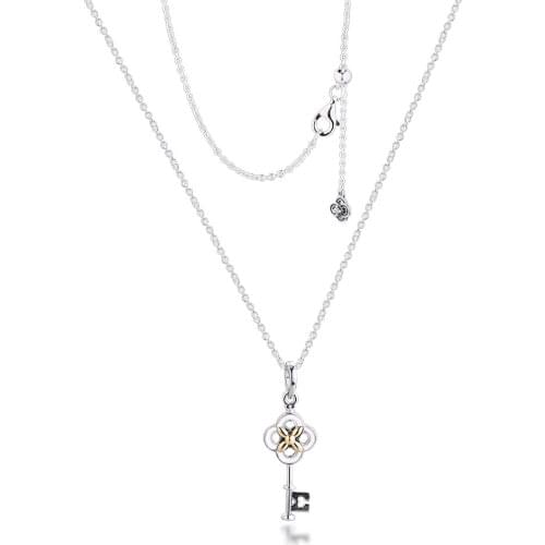 Two-tone Key Chain With Flower Necklace 100% 925 Sterling Silver Jewelry For Women Fashion Gift