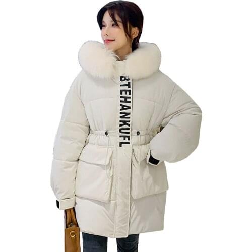 Black Puffer Jacket Women 2021 Winter Fluffy Cotton Plus Size Hooded Fur Collar Womens Long Coat Thick Warm Loose Letter Parkas