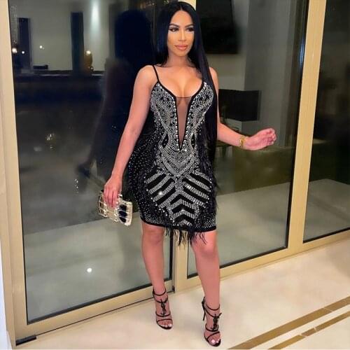 Women Hot Drilling Rhinestone Mesh Patchwork Dress Spaghetti Strap See Through Feather Tassel Sexy Hip Dress Nightclub Party