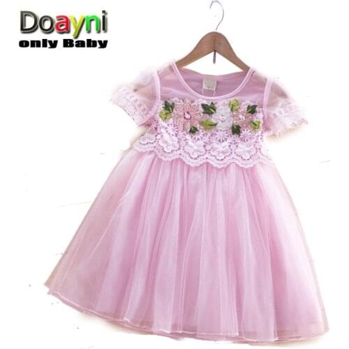 Doayni Baby Girls Stereo Floral Lace Dress Net Yarn Mesh Princess Long Party Cute Mid-age Girls Elegant Dress Three Layered