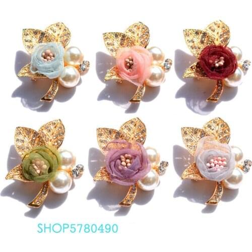 Elegant Jewelry Six Color Rhinestone Lace Flower Brooch for Women Party Garments Leaf Pin Pearl Breast Pin Lady Dancing Garments