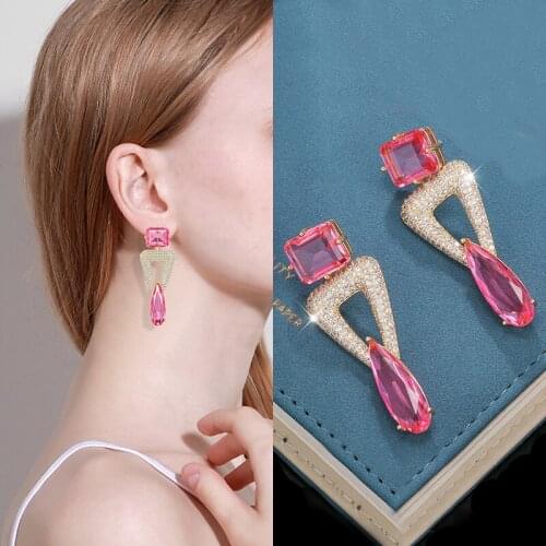 EYER Fashion Geometric Triangular Multicolor Big CZ Zircon Long Drop Earrings For Women Wedding Bridal Gift Vintgage Jewelry