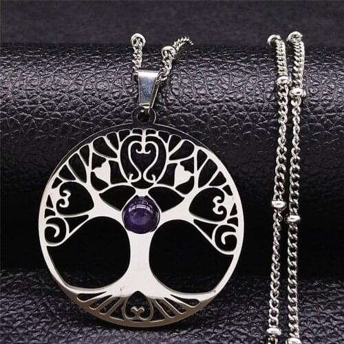 Purple Crystal Stainless Steel Tree of Life Charm Necklaces Men/Women Silver Color Necklaces Jewelry bijou femme N52S04