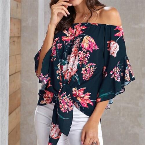 Sexy Cold-shoulder tshirt Women Knot Tops Tee Half Sleeve Tee Shirts Lady Top Slash Neck T Shirt Flowers Loose Top