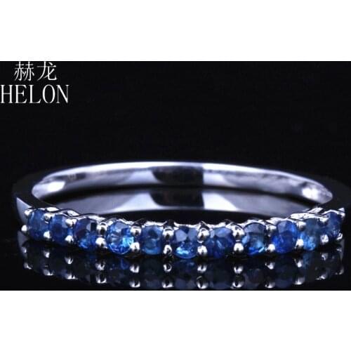 HELON Solid 10k White Gold Round Genuine Sapphire Engagement Wedding Ring Women Trendy Fine Jewelry Gemstone Ring