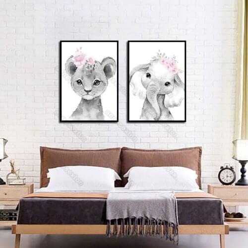 Canvas Painting Poster and Print Cartoon Animals Pictures Bear and Elephant with Flower for Nursery Room Gallery Wall Decoration