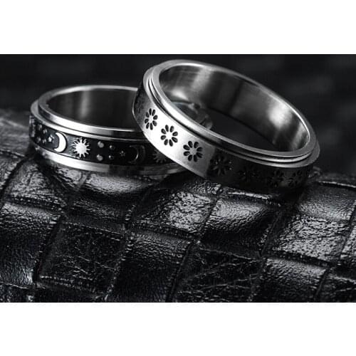 Stainless Steel Moon Star Flower Spinner Ring for Women Men Size 6-11