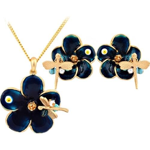 Exquisite enamel flower necklace pendant and earrings set Fashion Bridal Wedding Jewelry Sets