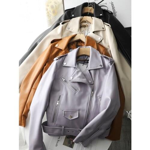 FMFSSOM 2021 Spring Women Zippers V-neck Faux Leather Jacket Minimalist Neutral Style Brown Motorcycle Jacket Girl PU Streetwear