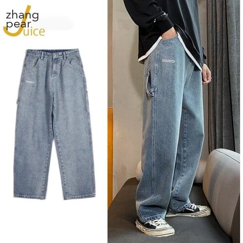 Mens Korean Fashion Loose Blue Jeans Pants Vintage Wide Leg Pants Harajuku Jeans Letter Print Denim Pants Pantalon