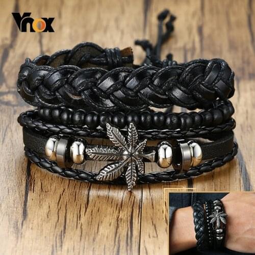 Vnox Leaf Charm Bracelets Set for Men Women, Black Brown Braided Leather Wide Wristband,3/4 pcs Adjustable Holiday Bangle