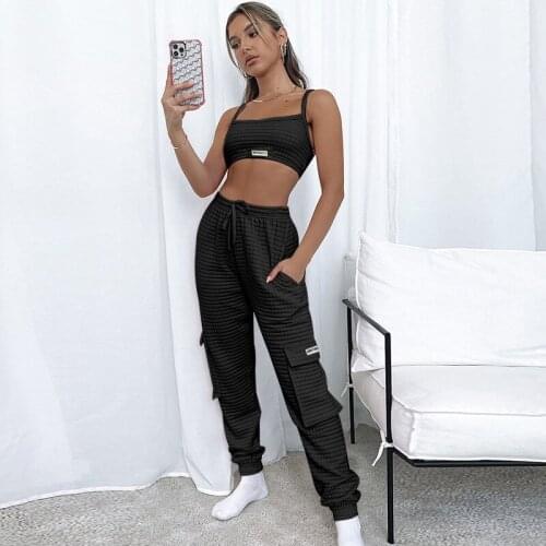 2021 Autumn New Girls' Fashion Casual Exercise Two-Piece Solid Color Cropped Tank Top Ankle-Tied Pants Suit For Women