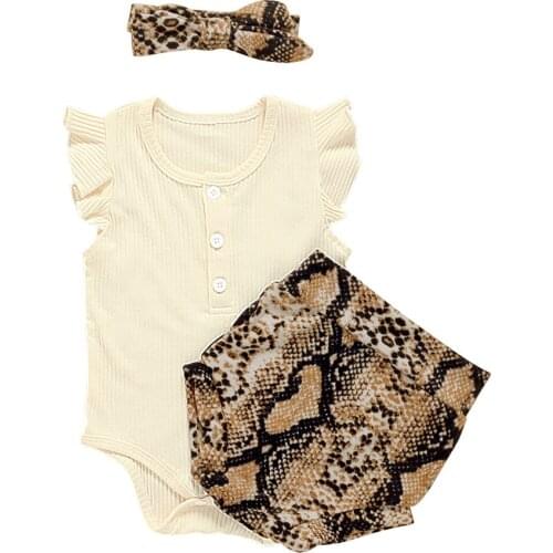 New Babys Clothing Set Round Neck Flying Sleeve Romper and Snakeskin Print Shorts and Headwear Three-piece Suit for Birthday