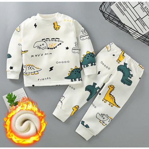 Autumn Winter Plus Velvet Childrens Clothing Sets for Girls 3-8y Cotton Thicken Cartoon Pattern Baby Boy Keep Warm Pajamas Suit