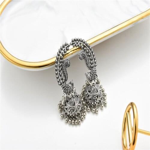 Peacock Earrings Indian Jewelry Vintage Ethnic Silver Color Bell Tassel Charm Alloy Earrings Hangers Jhumka Gypsy Egypt Jewelry