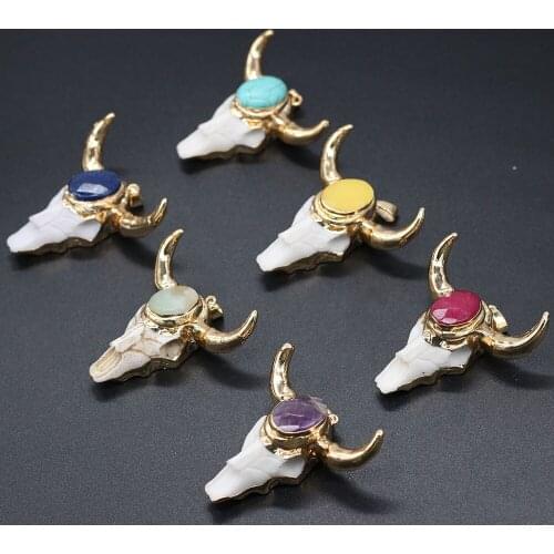 1PC Natural Stone Bull Head Bone with Crystal Beads Ox Head Pendant Charms for Necklace Jewelry Making DIY Accessories 46x46mm