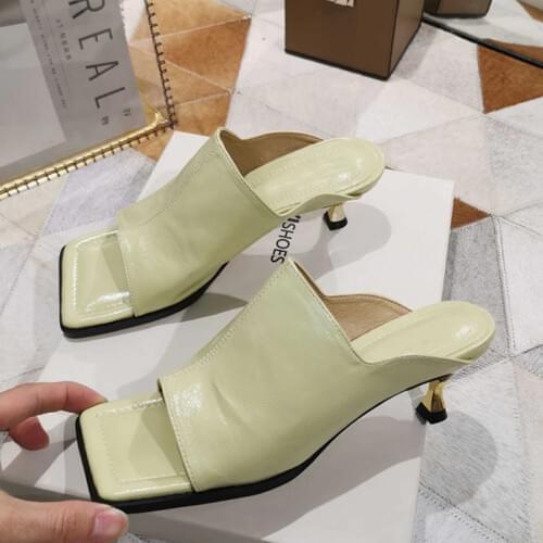 Fashion Brand Designer Women Slipper Square Toe Outdoor 2021 Summer Sandals Slippers Ladies Elegant High Heel Dress Slides Shoes