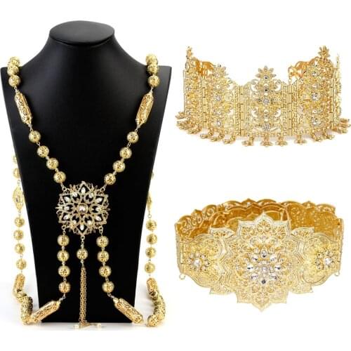 Sunspicems African Morocco Bridal Jewelry Set Gold Color Long Chest Chain Tiaras Waist Belt 3Pcs Ethnic Wedding Bijoux 2021