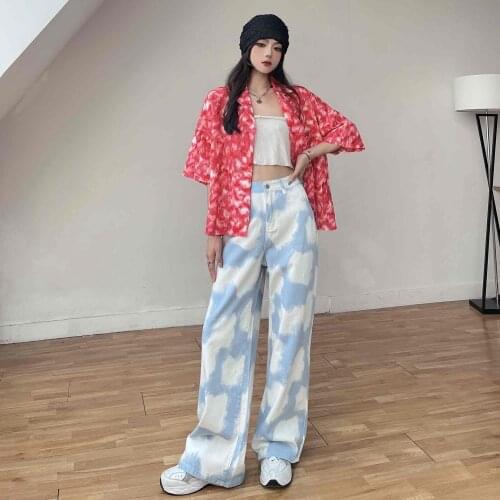 Retro Loose Tie-Dye Short-Sleeved Shirt Blouse High-Waisted Thin European and American Style Blue and White Tie-Dye Pants Suit