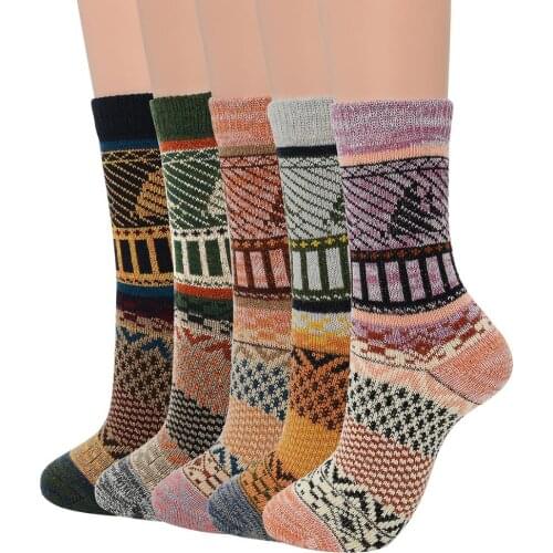 Womens Vintage Winter Geometry Striped Print Sock Soft Warm Thick Cold Knit Wool Crew Comfortable Cotton Sock Exquisite Soxs