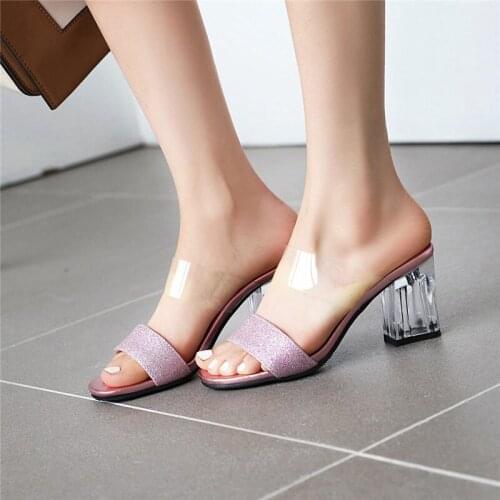 YQBTDL Fashion Sequined Transparent Clear Heels Women Slides Gold Silver Pink Block High Heel Slippers Womens Shoes Summer 2020
