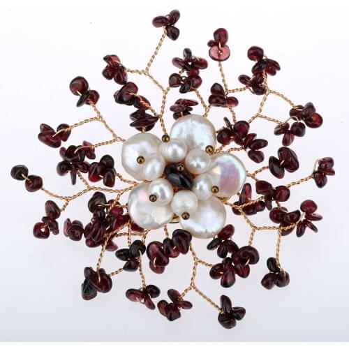 Yacq Womens Natural Garnet Gemstone Freshwater Pearl Pin Brooch Pendant 2 in 1 Handmade Jewelry Flexible Copper Wire Gifts
