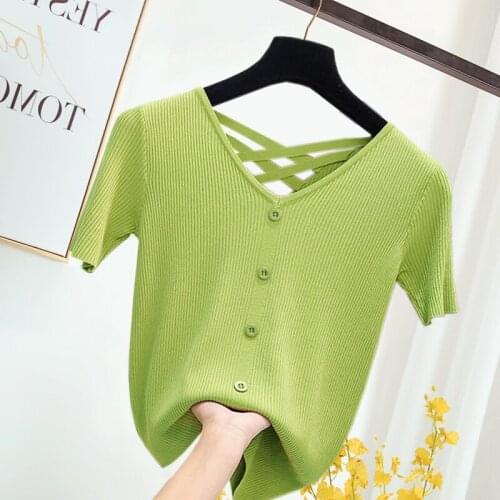 2020 Summer New Women Knit T-shirt White Stretch Slim V-neck Short-sleeved Tops Sexy Backless Solid Thin Ladies Bottoming Shirt