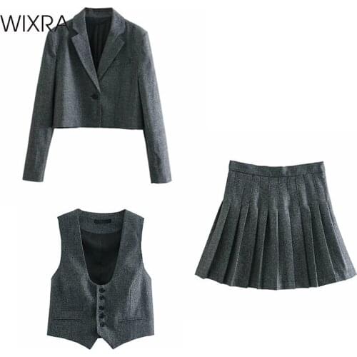Wixra Womens Gray Plaid Blazer Sets Short Tops High Waist Skirts Spring Summer Stylish Office Lady Suits