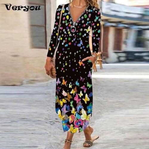 New Autumn Women Long-sleeved Dress V-Neck Pocket Print Flower Casual Dress Butterfly Flower Retro Sexy Maxi Dress Ankle-Length