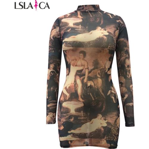 Womens fashion Slim sexy oil painting image printing loose plus size long sleeve dress autumn
