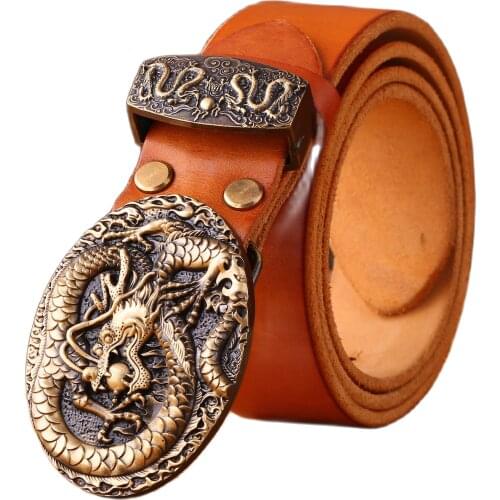 2020 new arrival Chinese stylish dragon mens belts luxury solid brass buckle full grain cowhide genuine leather strap camel 38mm