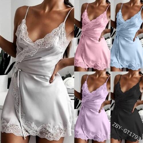 2021 Sexy Lingerie European and American Comfortable Home Pajamas Stretch Satin Nightdress Short Multi-color Optional Swimwear