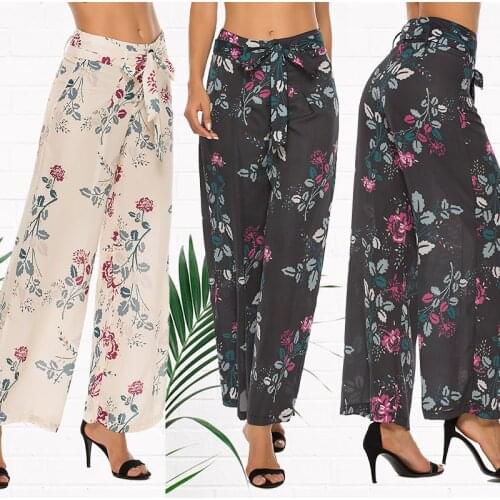 2021 High Waist Pants Women Floral Print Pants Bandage Pleated Wide Leg Chiffon Casual Great For Party Daily Beach Sweatpants
