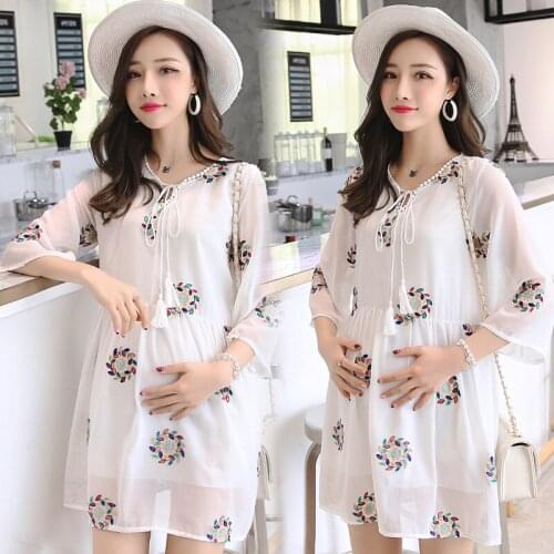 501# Maternity Dress Summer Chiffon embroidery Short Sleeve Loose Stylish Dress for Pregnant Women Mom Dress