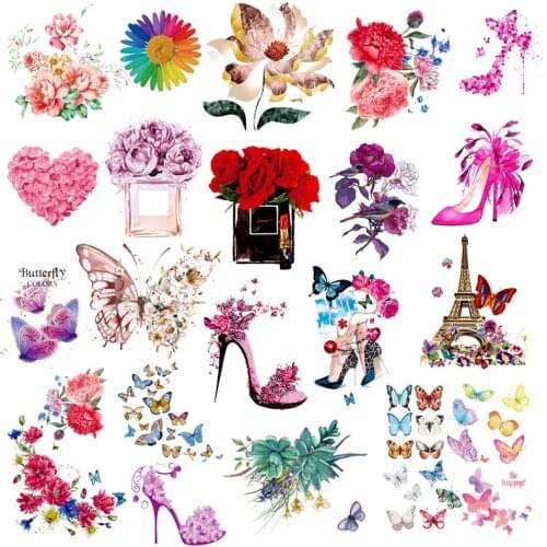 Butterfly flower lotus Patch vinyl Transfer Iron On transfers For Clothing Ironing Stickers on clothes women shirt diy accessory