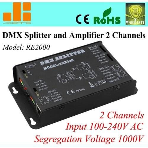 Free Shipping Popular DMX splitter, Digital signal amplifier, RJ45 & Pins terminal, 2 Channels output RE2000
