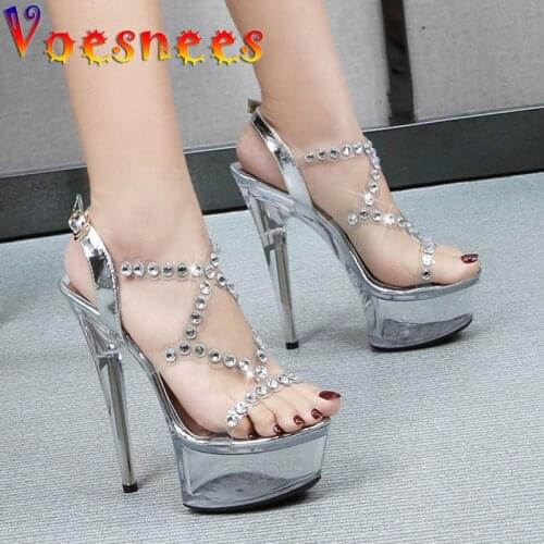 Voesnees PVC Transparent Diamond Women Shoes Entire Hyaline Summer Crystal High-Heels Model Show 14.5CM Super High Heel Sandals