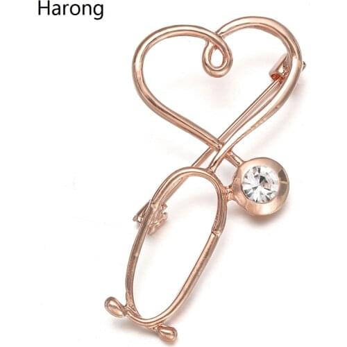 Fashion Rose Gold Heart-shaped Stethoscope Medical Brooch Pin Luxury Zircon Pins Badge For Doctor And Nurse Lapel Jewelry Gift