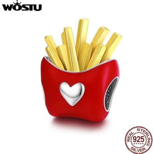 WOSTU Delicious Fries Charm 925 Sterling Silver Bead Red Enamel Fit Original Bracelet Necklace DIY Jewelry Accessories CQC1606
